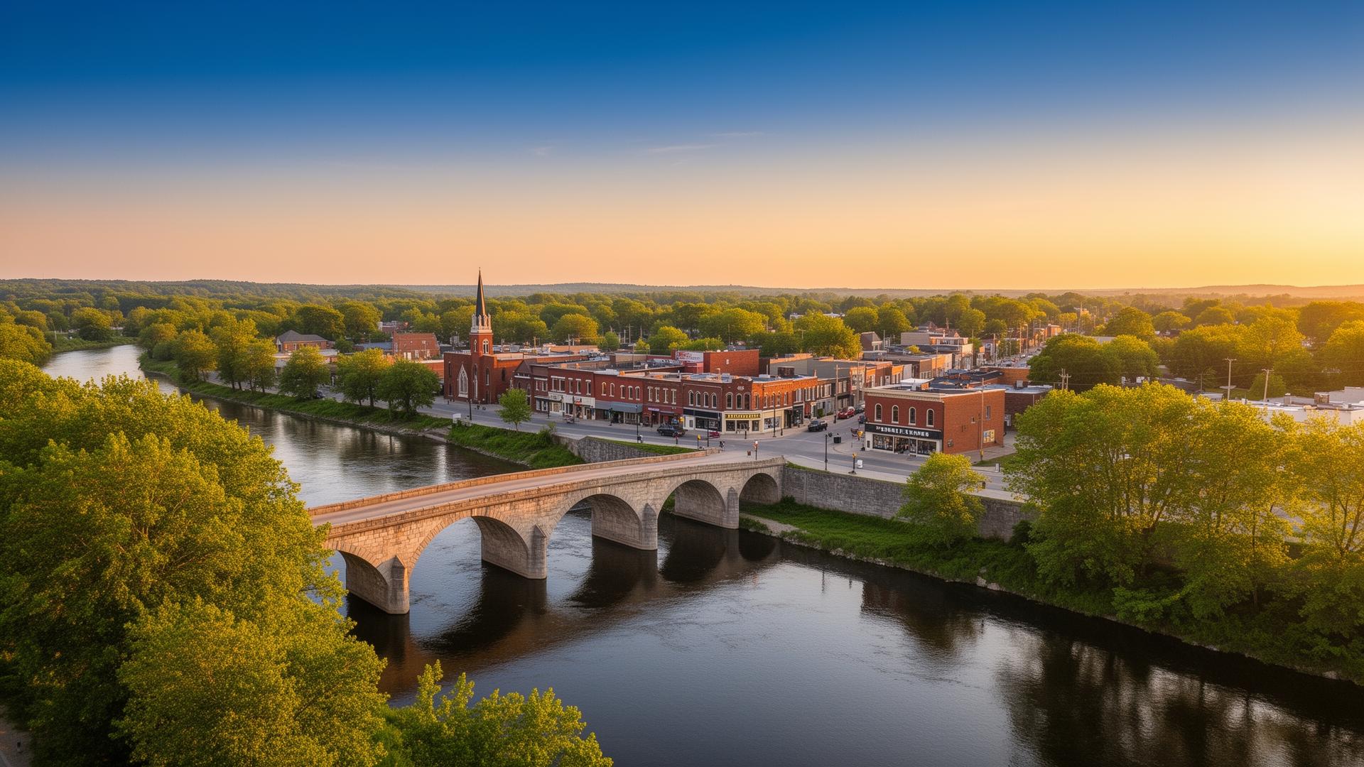 Aerial view of Caledonia, Ontario at golden hour with the Grand River and historic Argyle Street downtown